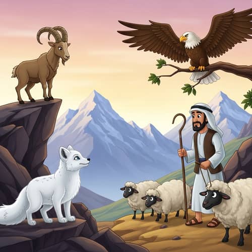 Lively Mountain Scene with Mountain Goat, Snow Fox, Eagle & Farmer