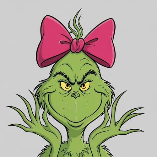 Famous Grinch Cartoon Illustration with Pink Bow