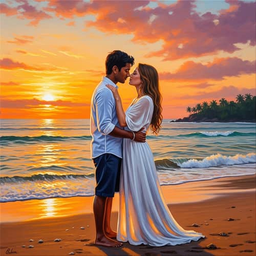 Romantic Sunset Kiss | Oil Painting of Affectionate Indian Man & Caucasian Woman