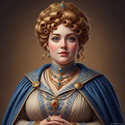 Vintage Portrait of a Woman in Beige Dress with Blue Cloak