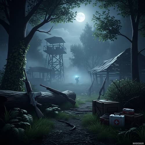 Eerie Battle Royale Scene: Misty Forest & Abandoned Structures