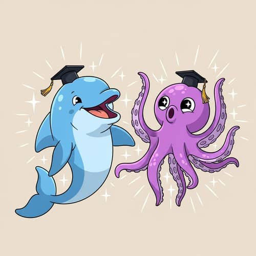 Graduation Cap Dolphin and Octopus Cartoon Characters