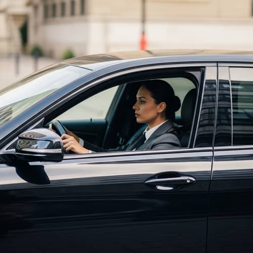 Luxury Saloon Car Driven by Female Security Officer in Professional Attire
