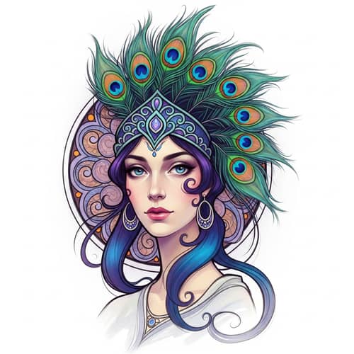 Whimsical Woman Portrait: Art Nouveau-Inspired Peacock Feathers