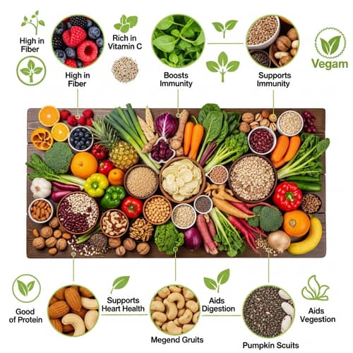 Plant-Based Diet Visual Exploration - Colourful Foods on Wooden Table