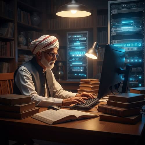 Elderly Chronicler Embracing Tradition in Modern Digital World