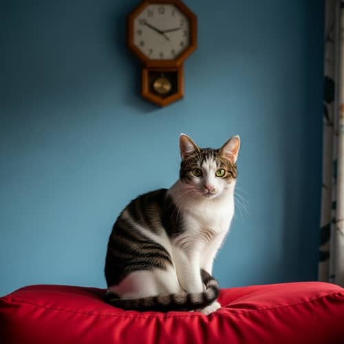 Adorable Domestic Short-Haired Cat on Red Cushion | Pet Photography