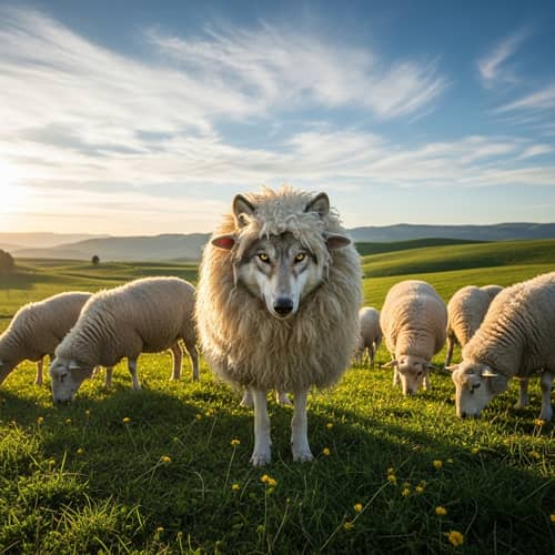 Clever Wolf Disguised as Sheep in Serene Pasture