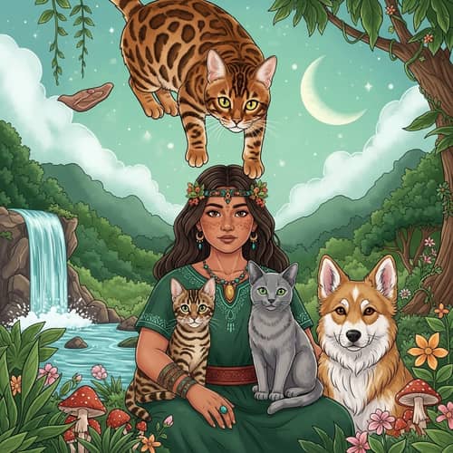 Mystical Scene with Bengal Cat, Shaman, and Animals