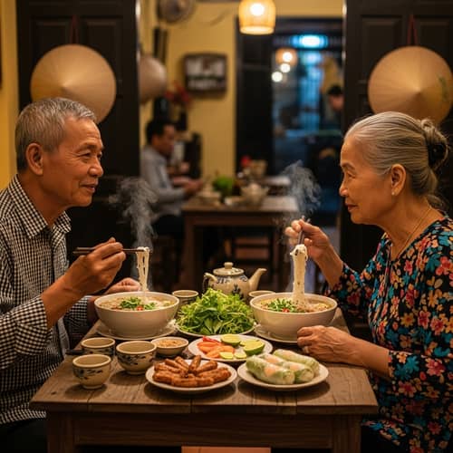 Vietnamese Elderly Couple Eating Noodles - Enjoy Authentic Flavors