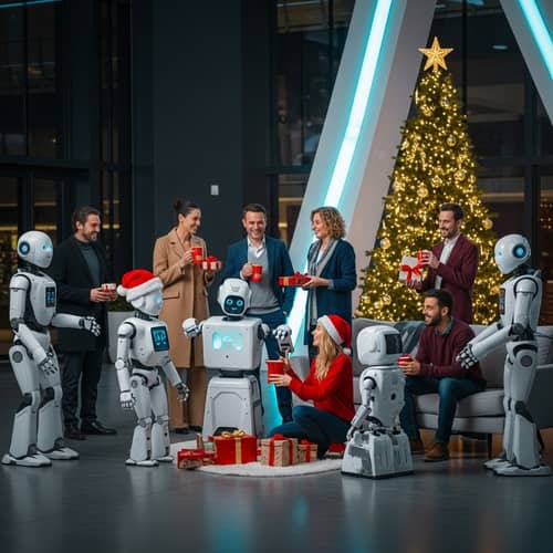 Futuristic Christmas Celebration with Humans and Robots in 2050