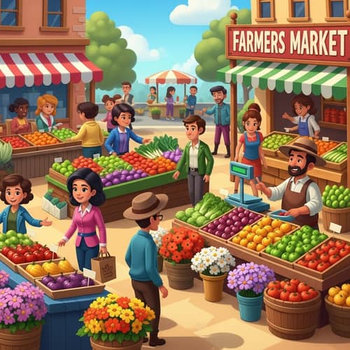Colorful Farmers Market Cartoons | Fresh Produce & Flowers