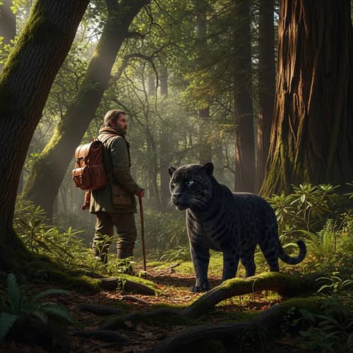 Wanderer in Forest with Black Jaguar