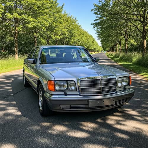 Sleek Silver Mercedes W126 | Luxury Car on Asphalt Road