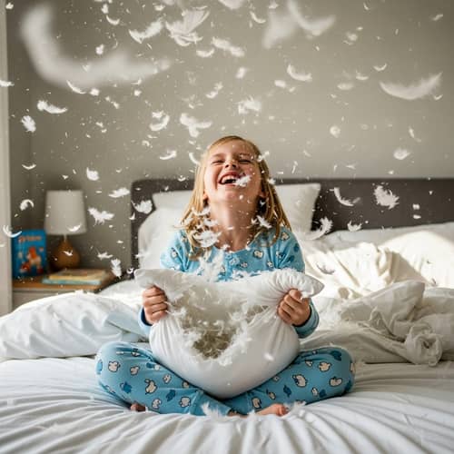 Playful Feather Pillow Fight - Fun and Energetic Scene