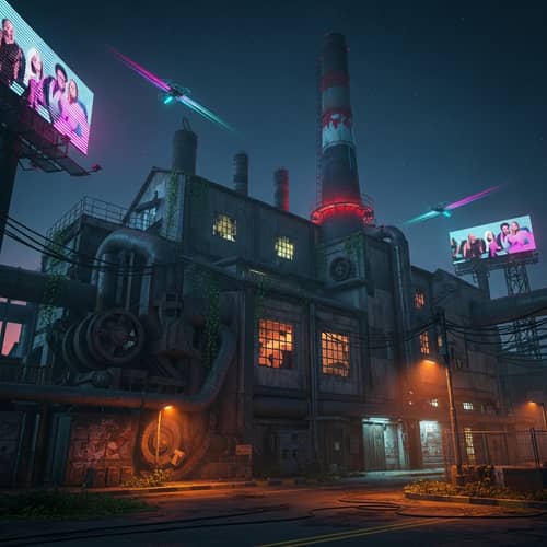 Eerie Abandoned Factory in Cyberpunk Setting