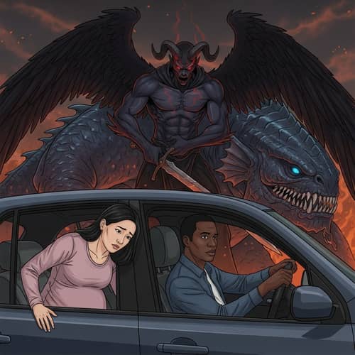 Dark and Fantastical 2D Vector Illustration: Pregnant Woman, Fallen Angel, Leviathan