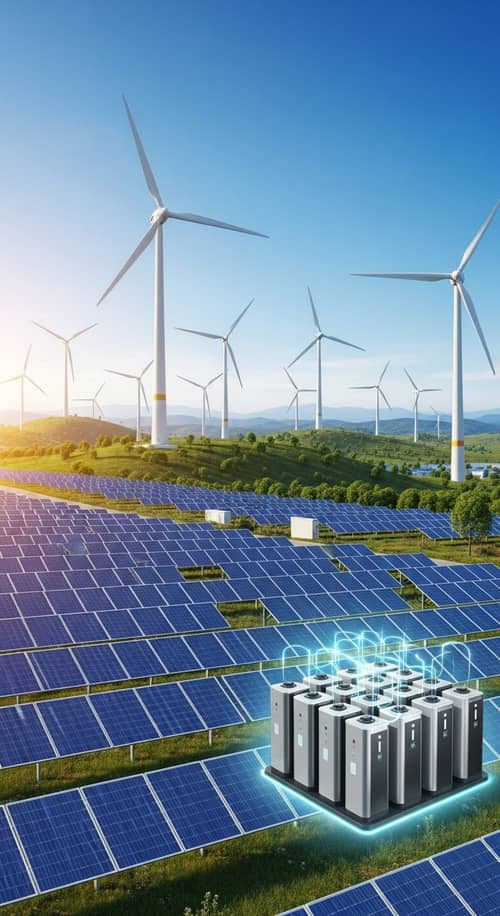 Futuristic Green Energy Farm: Solar Panels, Wind Turbines & Battery Storage