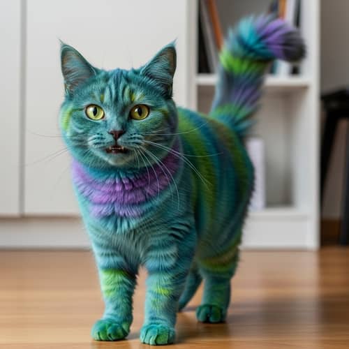 Colorful Quirky Cat with Bright Eyes and Fluffy Tail