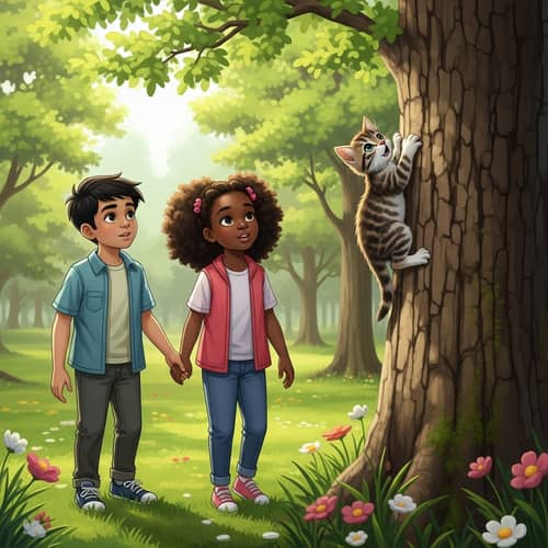 Children Helping Stray Kitten in Sunny Park | Heartwarming Scene