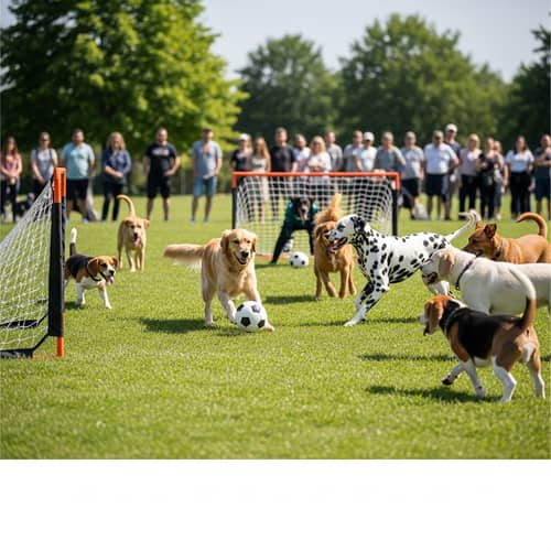 Dogs Playing Soccer: Energetic Match in a Grass Field
