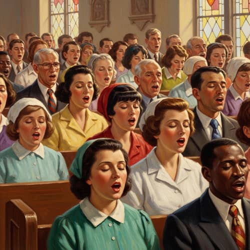 Nostalgic Church Pews Singing Congregation Painting