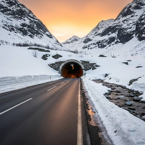 Late Winter Road Tunnel Surrounded by Snow-Capped Mountains