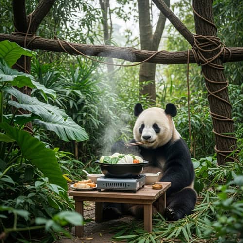 Panda Enjoying Hotpot Meal in Lush Jungle Canopy