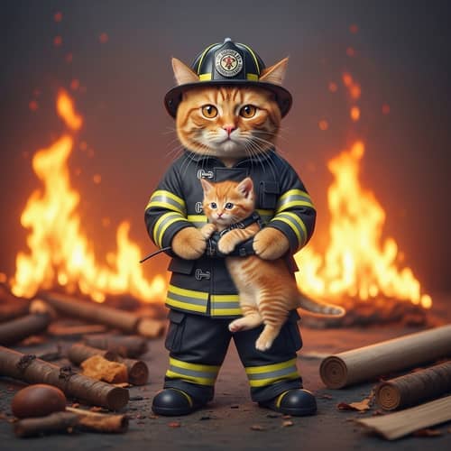 Realistic Ginger Cat Fireman Rescue Photo