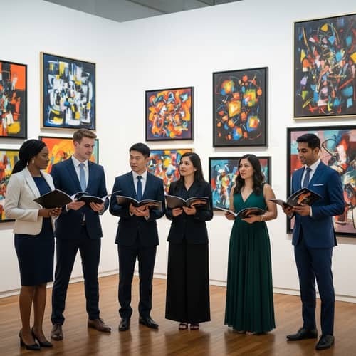 Abstract Art Gallery | Art Buyers Admiring Vibrant Paintings
