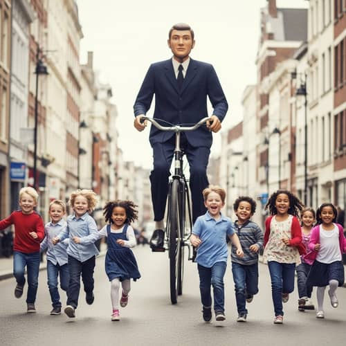 Giant on Bicycle: Playful Scene with Children Chasing