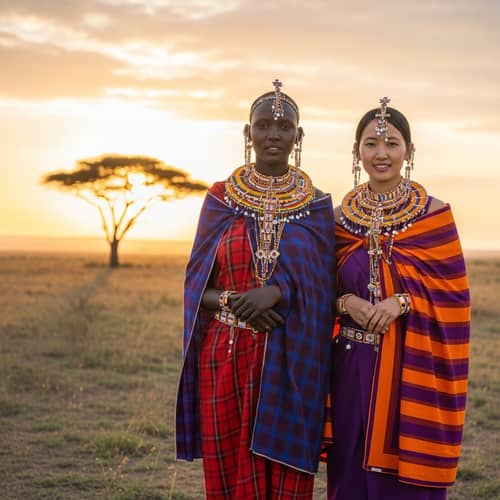 Maasai Women in Traditional Attire on African Savannah