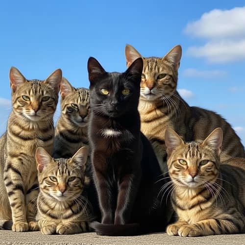 Black Cat Surrounded by Four Distinct Brown Cats - Warm and Familiar Scene