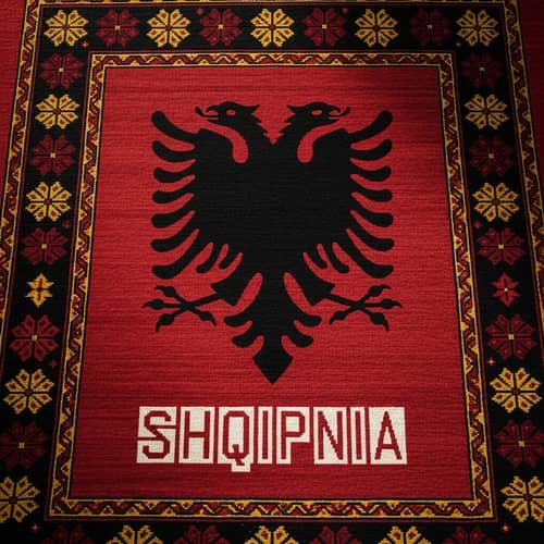 Albanian Flag Symbol on Traditional Rug | SHQIPNIA Text