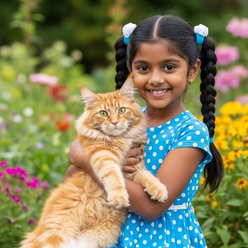 Adorable South Asian Girl with Red Cat - Heartwarming Image