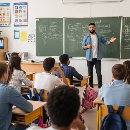 Diverse Classroom with Hispanic Teacher Teaching Enthusiastically