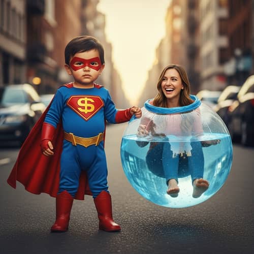Toddler Superhero Holding Inflated Diaper Woman | 4K Cinematic Image