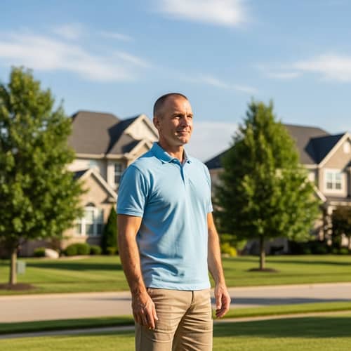 Middle-Aged Caucasian Man in Sunny Suburban Landscape
