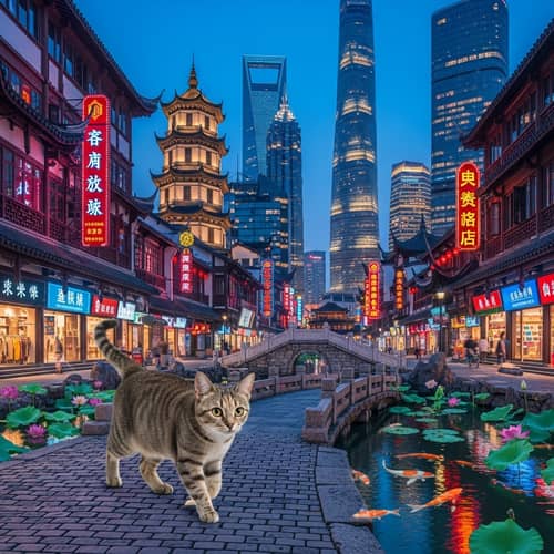 Adorable Cat Strutting through Shanghai’s Diverse Architecture