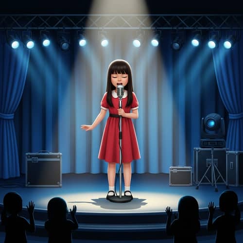 Passionate Singing by Young Asian Girl in Red Dress