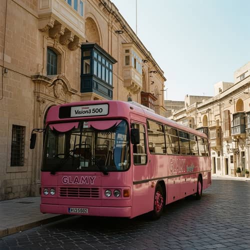 Glamy Pink Bus in Valletta | Whimsical Eyelashes Fly | Kodak Vision3 500