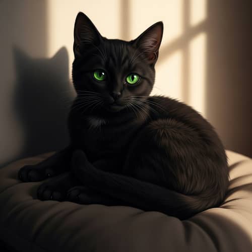 Small Black Cat with Green Eyes on Soft Cushion