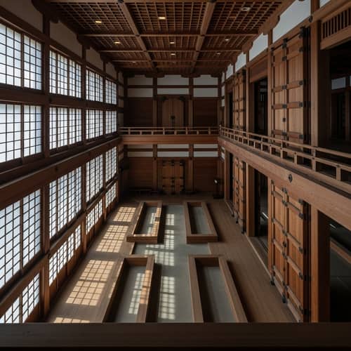 Tranquil Two-Story Wooden Building with Balcony View