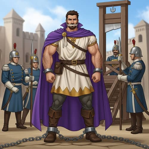 Strong Prince with Chiseled Features in Grim Guillotine Scene