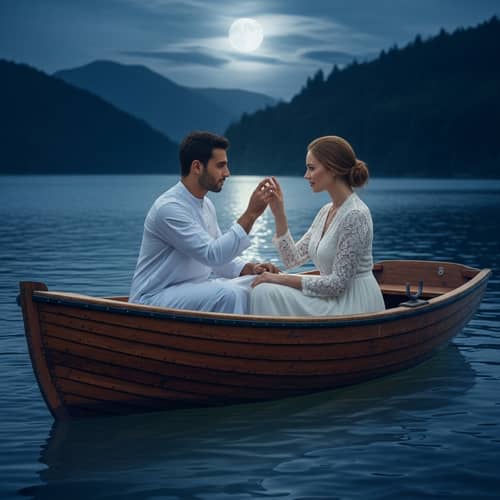 Intoxicating Romance: Vintage Boat Scene at Moonlit Lake