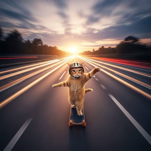 Cat Skateboarding on High-Speed Highway
