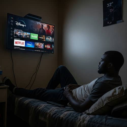 Realistic Image of Black Man Lounging in Small Room Watching 32-Inch TV