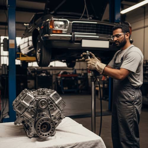 Master Auto Mechanic at Work in Classic Car Garage