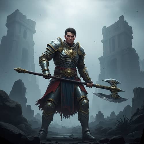 Epic Mythical Video Game Scene with Armored Protagonist and Magical Axe