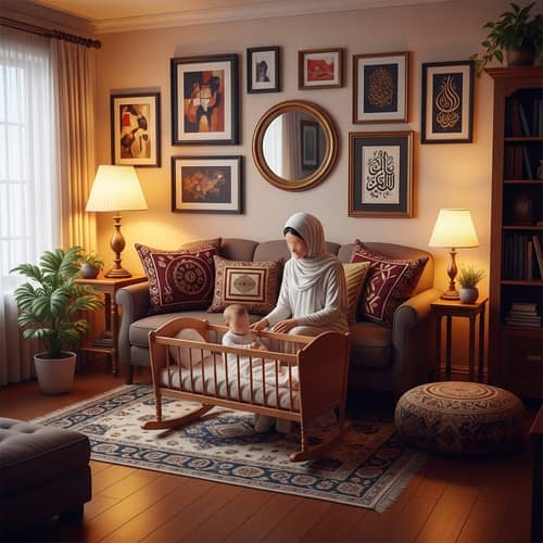 Cozy Home Scene: Woman in Hijab with Baby in Cradle